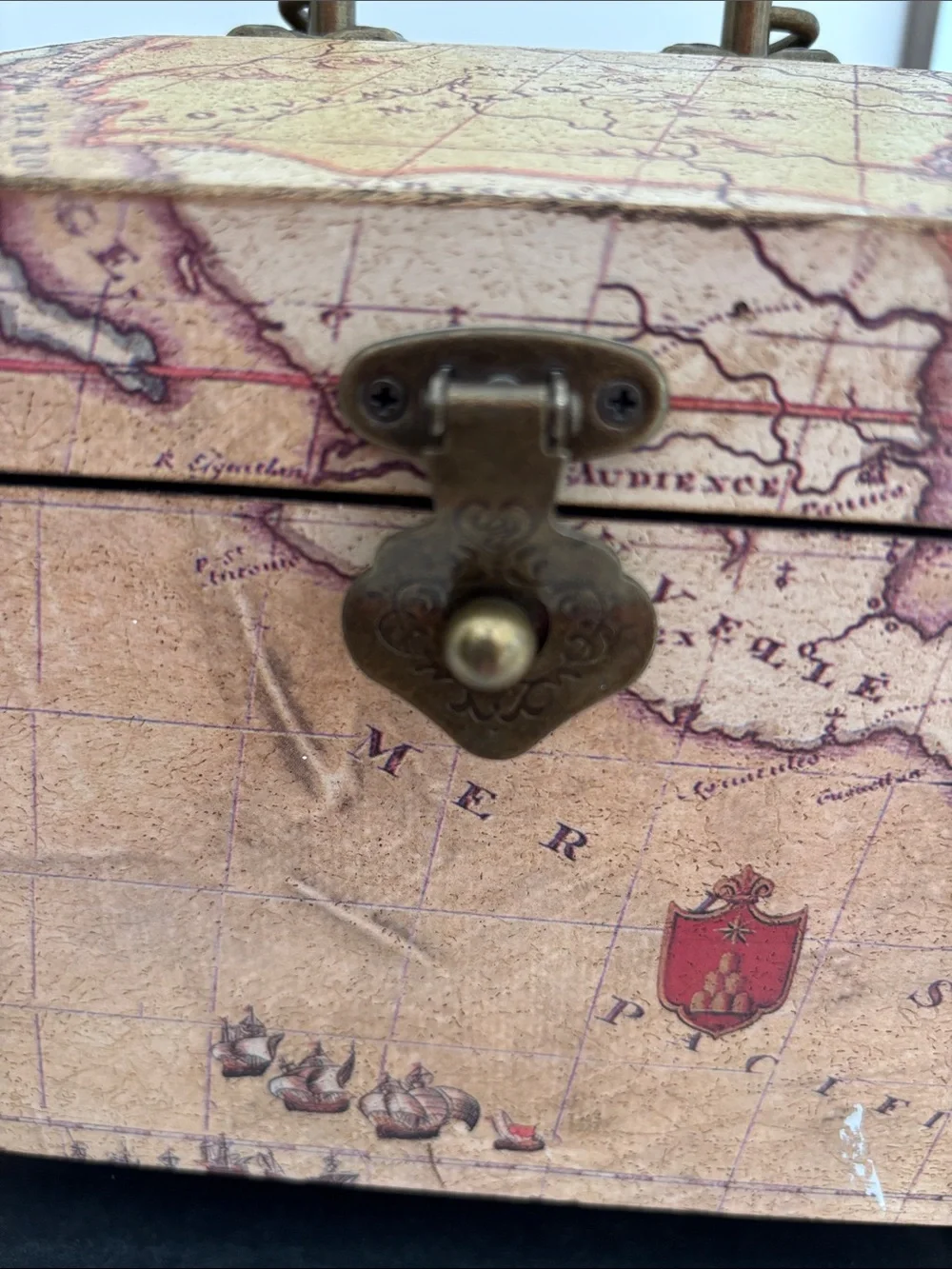 Wooden Vintage  Map Storage Box - Beige Brown